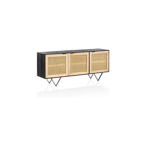 KADIMA DESIGN Sideboard 175x75x45 cm Mango Massivholz / Rattan Kommode mit 3 Türen, Hoher Kommodenschrank Schwarz / Braun, Standschrank Wohnzimmer, Anrichte