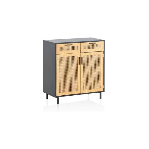 KADIMA DESIGN Sideboard 80x86,5x40 cm Kommode Schwarz mit Wiener Geflecht, Hoher Kommodenschrank Zeitlos, Standschrank Wohnzimmer mit 2 Türen und Schubladen,