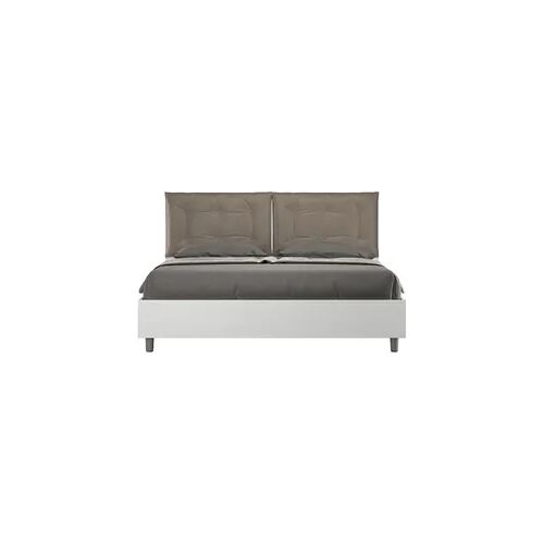 Doppelbett mit Stauraum, Doppellift, 160x190 cm, weißes Eschenholz, cappuccinofarbene Kunstlederkissen, Egos Annalisa