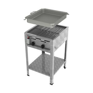 ChattenGlut Professional Gastrobräter 2-flammig Standgerät 9,0 kW mit Gewerberegler und SBS 480x530x800mm mit Rost und Pfanne