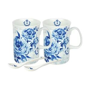 2 Teetassen + Löffel blau Rosen Dekor Tassen Teebecher Geschenk Porzellan