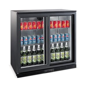 Barkühlschrank TAMANDUA   2x Glasschiebetür + LED   208 Liter, HxBxT 90x90x52cm   0/+10°C   Schwarz + CHEFGASTRO Geschirrtuch