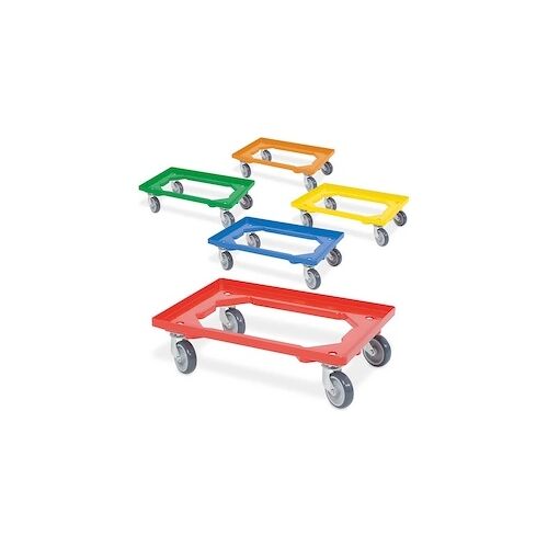 Set, 5x Logistikroller/Kistenroller für Behälter 600 x 400 mm, je 1 Roller in blau, gelb, grün, orange, rot