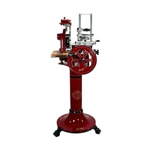 Berkel Volano B2 Schwungradmaschine in rot – Wunderschöne Aufschnittmaschine mit Standfuß + Fassholzbrett Unikat