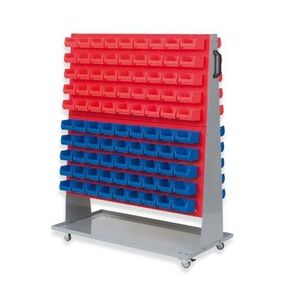 PROREGAL ProfiDrop Systemwagen auf Rollen mit roten Systemplatten & 180x rote und blaue Sichtlagerbox 1.0   HxBxT 130x100x50cm