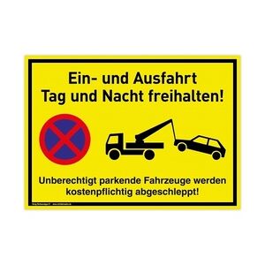 Großes Schild Ein- und Ausfahrt   PVC 42x30 cm   Tag und Nacht freihalten Unberechtigt parkende Fahrzeuge werden kostenpflichtig abgeschleppt   gelb