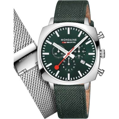 Mondaine MSL.41460.LF.SET Herrenuhr Grand Cushion Set Chronograph 41mm 5ATM Mondaine MSL.41460.LF.SET Herrenuhr Grand Cushion Set Chronograph 41mm 5ATM