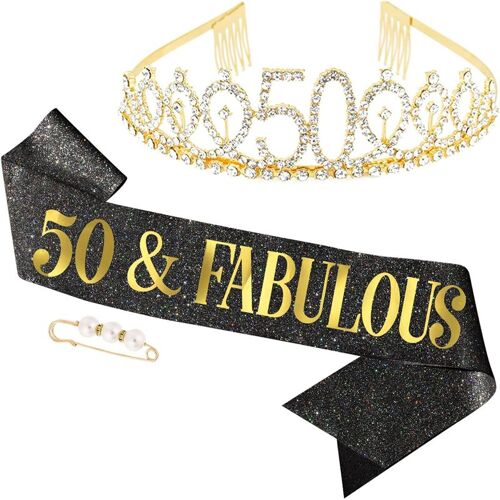 WERKZEUGE 50. Geburtstag Krone Frau Geburtstagsschärpe, Strass Tiara Krone "50 & Fabulous" Geburtstagsset, Geburtstagsdekoration für 50 Jahre alte Frau (Gold)