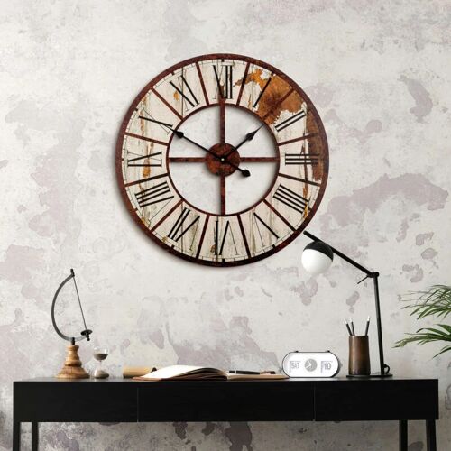 K&L WALL ART Lautlose xxl Wanduhr Vintage 70cm ø Holzuhr große leise hdf Wanduhren Quarz Uhrwerk – Braun