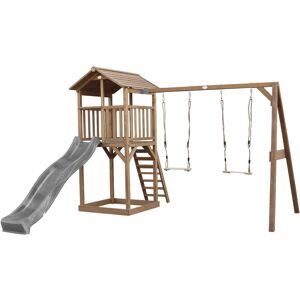 AXI Beach Tower Spielturm aus Holz in Braun Spielhaus für Kinder mit grauer Rutsche, Doppelschaukel und Sandkasten Stelzenhaus für den Garten - Braun