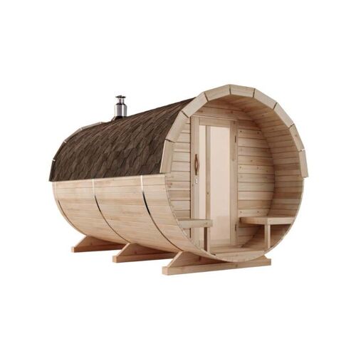 FINNTHERM Fasssauna Charlotte Fasssauna 2 Sitzbänke aus Holz, Sauna mit 42 mm Wandstärke Außensauna – Naturbelassen – Finntherm