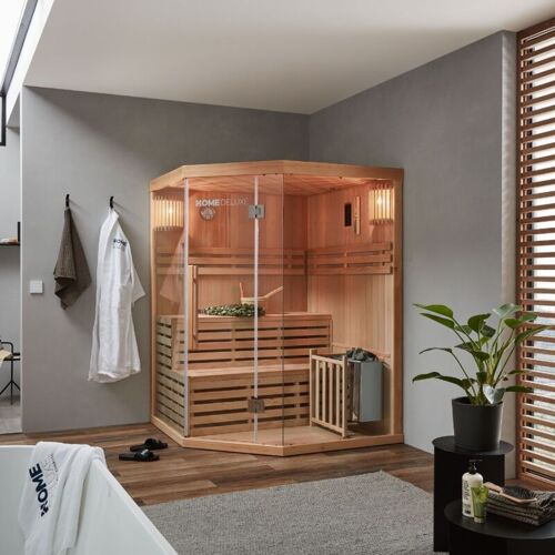 Home Deluxe Traditionelle Sauna – skyline xl – 150 x 150 x 200 cm – für 2 – 3 Personen, Hemlocktanne, inkl. Saunaofen, Saunazubehör i Dampfsauna Aufgusssauna