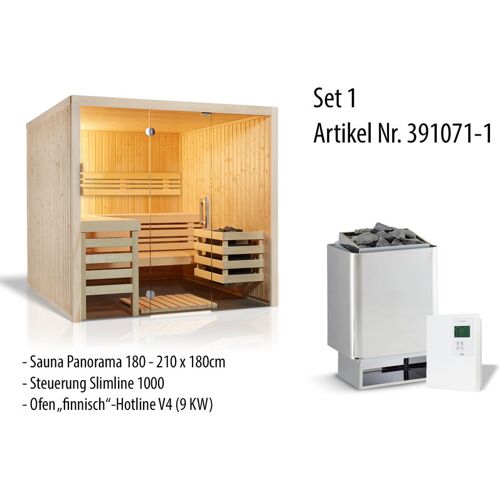 INFRAWORLD Panorama 180 Saunakabine Elementsauna aus nordischer Fichte 210x180x203 cm Set mit Saunaofen Hotline V4 (9 kW), Steuerung Saunacontrol a und 15 kg