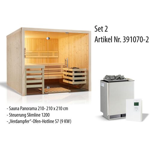 Infraworld Panorama 210 Saunakabine Elementsauna aus nordischer Fichte 210x210x203 cm Set mit Verdampferofen Hotline S7 (9 kW/1,5 kW), Steuerung