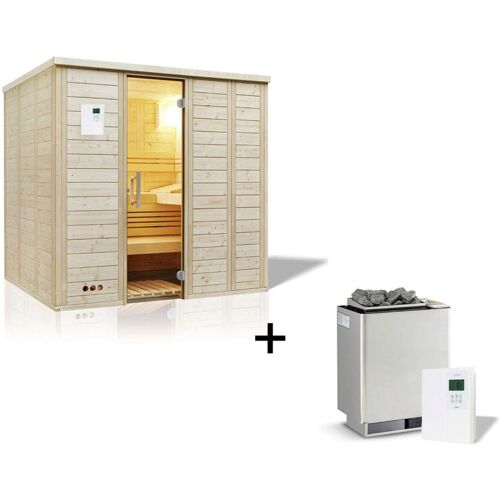 Infraworld Urban 164 gerade Saunakabine Massivholzsauna Fichte 211x164x200 cm Set mit Verdampferofen Hotline S7 (9 kW/1,5 kW), Silikonkabel,