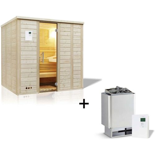 INFRAWORLD Urban 209 gerade Saunakabine Massivholzsauna Fichte 211x209x200 cm Set mit Saunaofen Hotline V4 (9 kW), Silikonkabel, Saunasteuerung Saunacontrol a