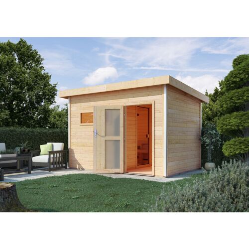 Karibu Holz Gartensauna / Saunahaus Skrollan 2 naturbelassen 336 x 231 x 231 cm (b x t x h) mit Ofen 9 kW + Steuergerät Easy Bio mit Milchglastür – Karibu