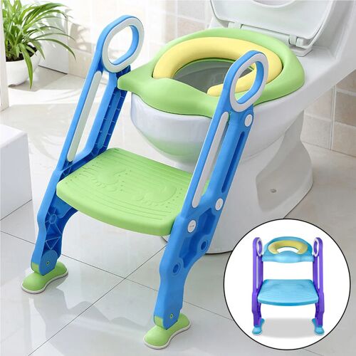 Aufun – Toilettensitz Kinder mit Treppe, Lerntöpfchen mit Treppe Baby Wc-Sitz mit pu Gepolstert Kissen und Griffen Töpfchen(Blau und Grün)