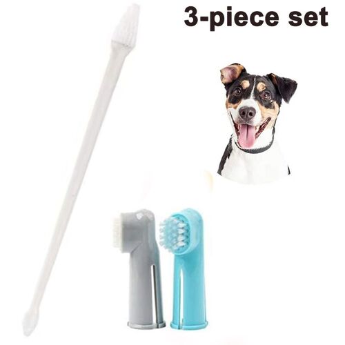 Abcrital - Hundezahnbürsten-Pack 1 Doppelkopf-Zahnbürste mit langem Griff + 2 Hundezahnpflege-Hundezahnbürsten-Sets