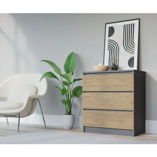 3E 3XE LIVING.COM Komodenschrank mit 3 Schubladen, Farbe: anthrazit/eiche lancelot, a: 70 x 78 x 39 cm , Schubladenkommode, Kommode mit Schubladen, Sideboard