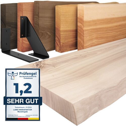 LAMO Manufaktur Wandregal Holz Baumkante, Holzregal Vintage, Roh / Schwarz 120cm, LW-01-A-001-120VS – Roh