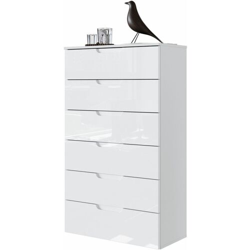 NEWFURN Kommode Weiß Hochglanz Weiß Sideboard Landhaus Modern – 70,3×116,9×34,1 cm (BxHxT) – Highboard Anrichte – [Milano.one] Wohnzimmer Schlafzimmer Flur