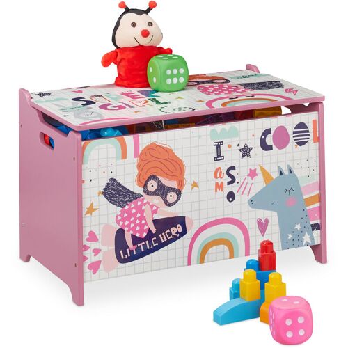 RELAXDAYS Spielzeugtruhe, mit Heldin-Motiv, Spielzeugkiste mit Deckel, hbt: 39x60x36,5 cm, mdf, Spielzeugbox, rosa/weiß – Relaxdays