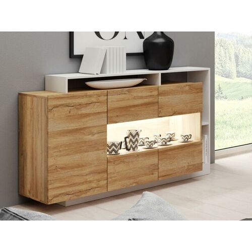 VENTE-UNIQUE Sideboard mit 3 Türen & 3 Ablagen + LEDs – Naturfarben & Weiß – idesia – Naturfarben hell, Weiß