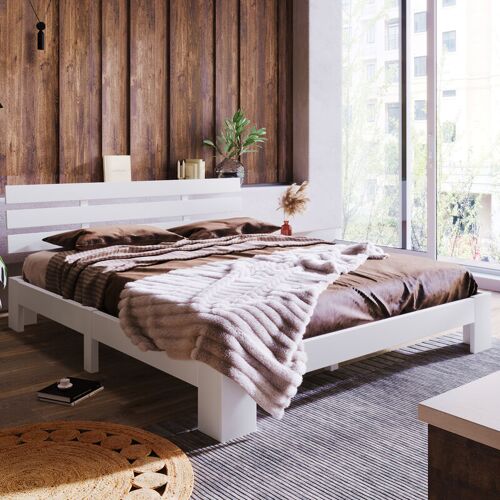 Holzbett Doppelbett aus Bettgestell mit Kopfteil mit Lattenrost-200 x 140 cm Massivholz FSC Massiv Doppelbett als Kieferbett verwendbar