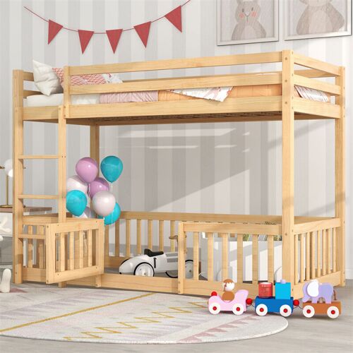 FORTUNA LAI Etagenbett mit Treppe 90x200cm – Bett mit Gitter und kleinen Türen Kinderbett mit Absturzsicherung und Gitter aus Massivholz – naturbelassen