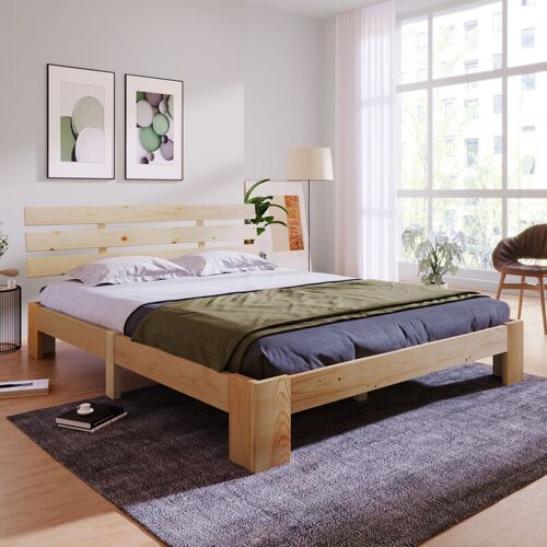 Holzbett Doppelbett mit Kopfteil aus Bettgestell mit Lattenrost-200 x 140 cm Massivholz FSC Massiv Doppelbett als Kieferbett verwendbar