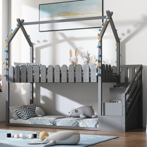 FORTUNA LAI Kinderhochbett – mit 2 Schubladen, Zaun, Treppe – Hergestellt aus Massivholz 90 x 200 cm – Grau