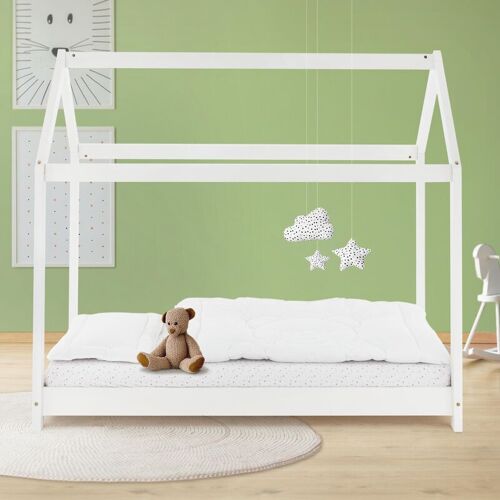 ML-Design Kinderbett mit Dach und Lattenrost, 80×160 cm, Weiß, aus Kiefernholz, Hausbett für Mädchen & Jungen, Kinderhaus Jugendbett Bettenhaus