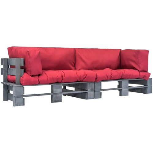 BONNEVIE 2-tlg. Garten-Palettensofa-Set Gartensofa Gartenmöbel – Gartenbank mit Roten Kissen Kiefernholz BV371608 Bonnevie Rot