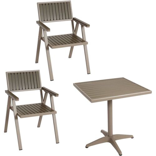 HHG – 2er-Set Gartenstuhl+Gartentisch 861, Stuhl Tisch, Gastro Outdoor-Beschichtung, Alu Holzoptik champagner, grau – grey