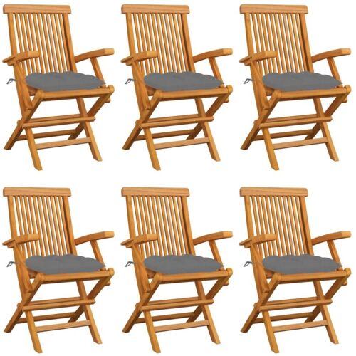 BONNEVIE 6er Set Gartenstühle Gartensessel – Balkonstühle mit Grauen Kissen Massivholz Teak BV970926 Bonnevie Grau