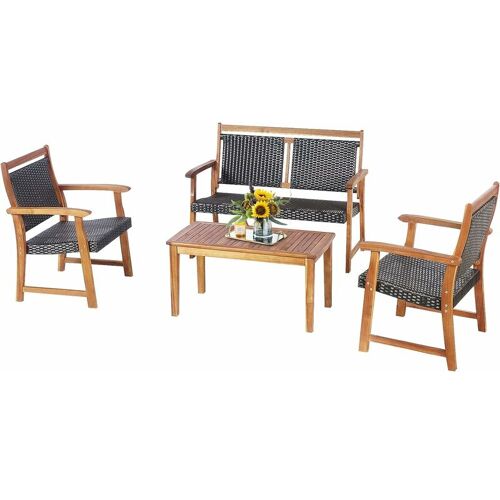 COSTWAY 4-teiliges Gartenmöbel Set, Polyrattan Balkonset mit 2 Sessel & Bank & Tisch, Sitzgruppe aus Akazienholz, Rattan Gartenset Balkonmöbel, Rattanmöbel