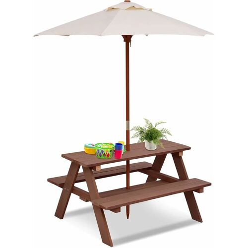 COSTWAY Kinder Sitzgruppe mit Sonnenschirm, Picknicktisch Holz Sitzgarnitur Kindertisch 4 Sitze verfügbar – Costway