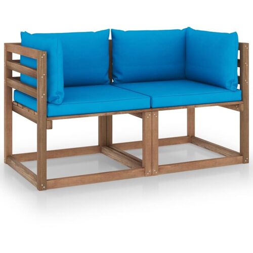 BONNEVIE Garten-Palettensofa 2-Sitzer Gartensofa Gartenmöbel – Gartenbank mit Kissen Hellblau Kiefernholz BV115635 Bonnevie Braun