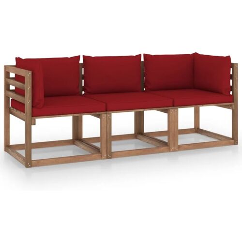 BONNEVIE Garten-Palettensofa 3-Sitzer Gartensofa Gartenmöbel – Gartenbank mit Kissen Weinrot Kiefernholz BV728619 Bonnevie Braun