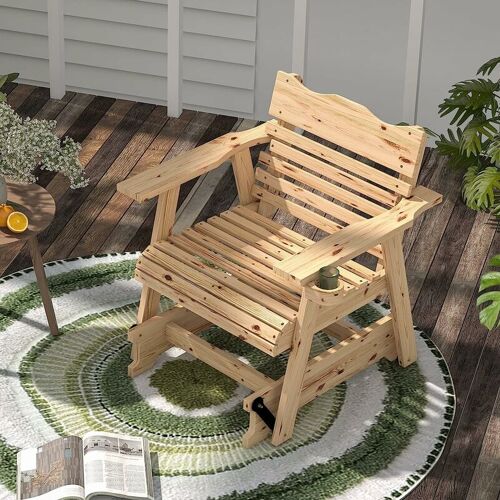 GIANTEX Schaukelstuhl Holz Outdoor, Gartenstuhl mit Getränkehalter, Relaxsessel Schaukelsessel Schwingsessel Garten, Relaxstuhl Schwingstuhl Holzstuhl