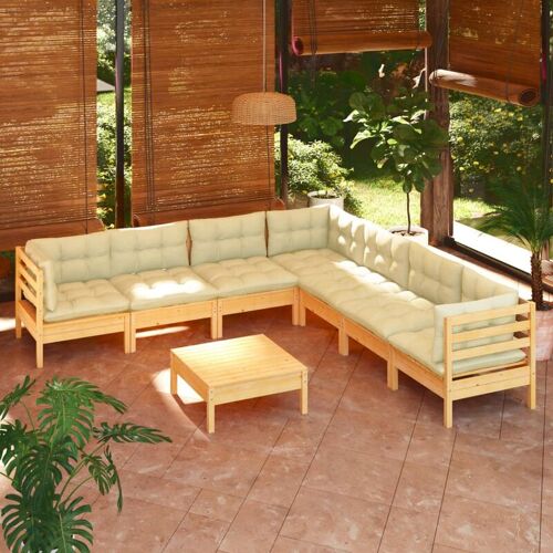 BONNEVIE 8-tlg. Garten-Lounge-Set，Gartenmöbel-Set mit Creme Kissen Massivholz Kiefer vidaXL