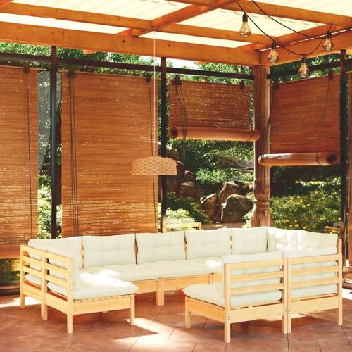 BONNEVIE 9-tlg. Garten-Lounge-Set，Gartenmöbel-Set mit Creme Kissen Massivholz Kiefer vidaXL