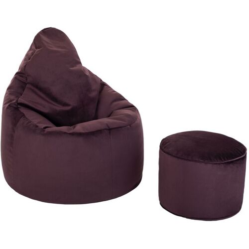 LOFT 25 Sitzsack für Wohnzimmer, weicher Samt Sitzsack und Pouf für drinnen, Sitzsack Pouf für Erwachsene – Aubergine (Sitzsack mit Hocker) – Loft 25