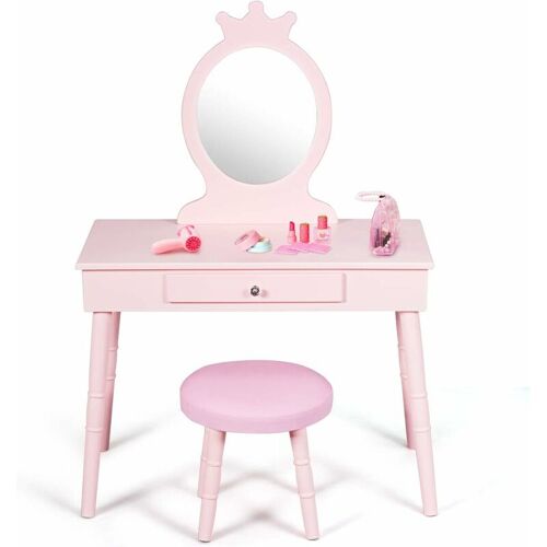 DREAMADE Kinder Schminktisch-Set, Frisiertisch mit Spiegel & Hocker, Kosmetiktisch mit Schublade, Make-up Tisch für Maedchen (Rosa)