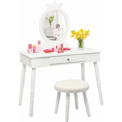 DREAMADE Kinder Schminktisch-Set, Frisiertisch mit Spiegel & Hocker, Kosmetiktisch mit Schublade, Make-up Tisch für Maedchen (Weiss)