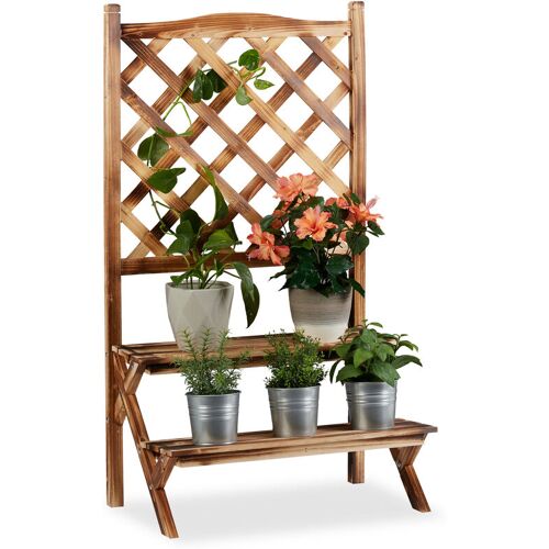 Relaxdays Blumentreppe mit Rankgitter, Blumenregal 2 Ebenen, stehende Pflanzentreppe Holz, HBT: 109x61x40 cm, gebrannt