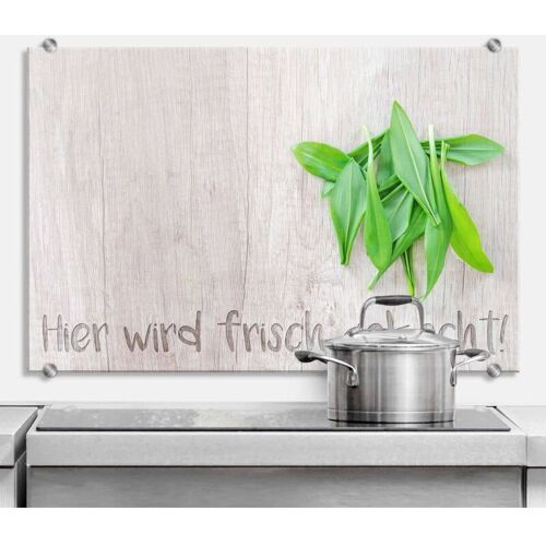 K&L WALL ART Esg Glasbild Spritzschutz Küche Schriftzug Frisch gekocht Basilikum Holzoptik 80x60cm – grün