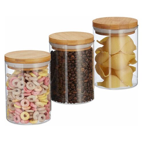 ETING Vorratsdosen Glas, 3er Set, für Pasta, Reis, Müsli, Kaffeebohnen, Volumen 600 ml, HxD 14×9,5 cm, Bambus, natur