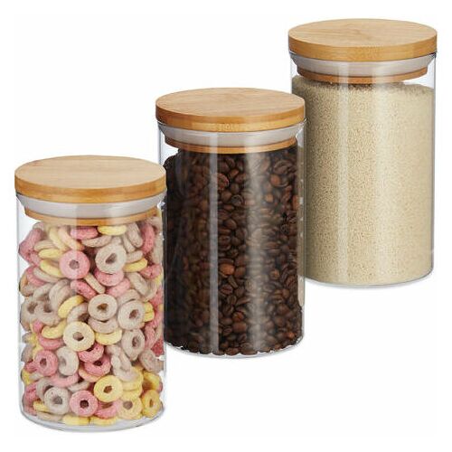 Eting – Vorratsdosen Glas, 3er Set, für Pasta, Reis, Müsli, Kaffeebohnen, Volumen 800 ml, HxD 16×9,5 cm, Bambus, natur